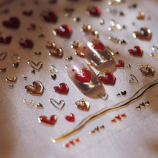 5D Embossed Heart Nail Stickers for Nail Art Red Nail Art Stickers Valentines Day Nail Decals Self-Adhesive Love Sticker Valentine’s Day Gold Hearts Nail Supplies for Women Girls DIY Manicure