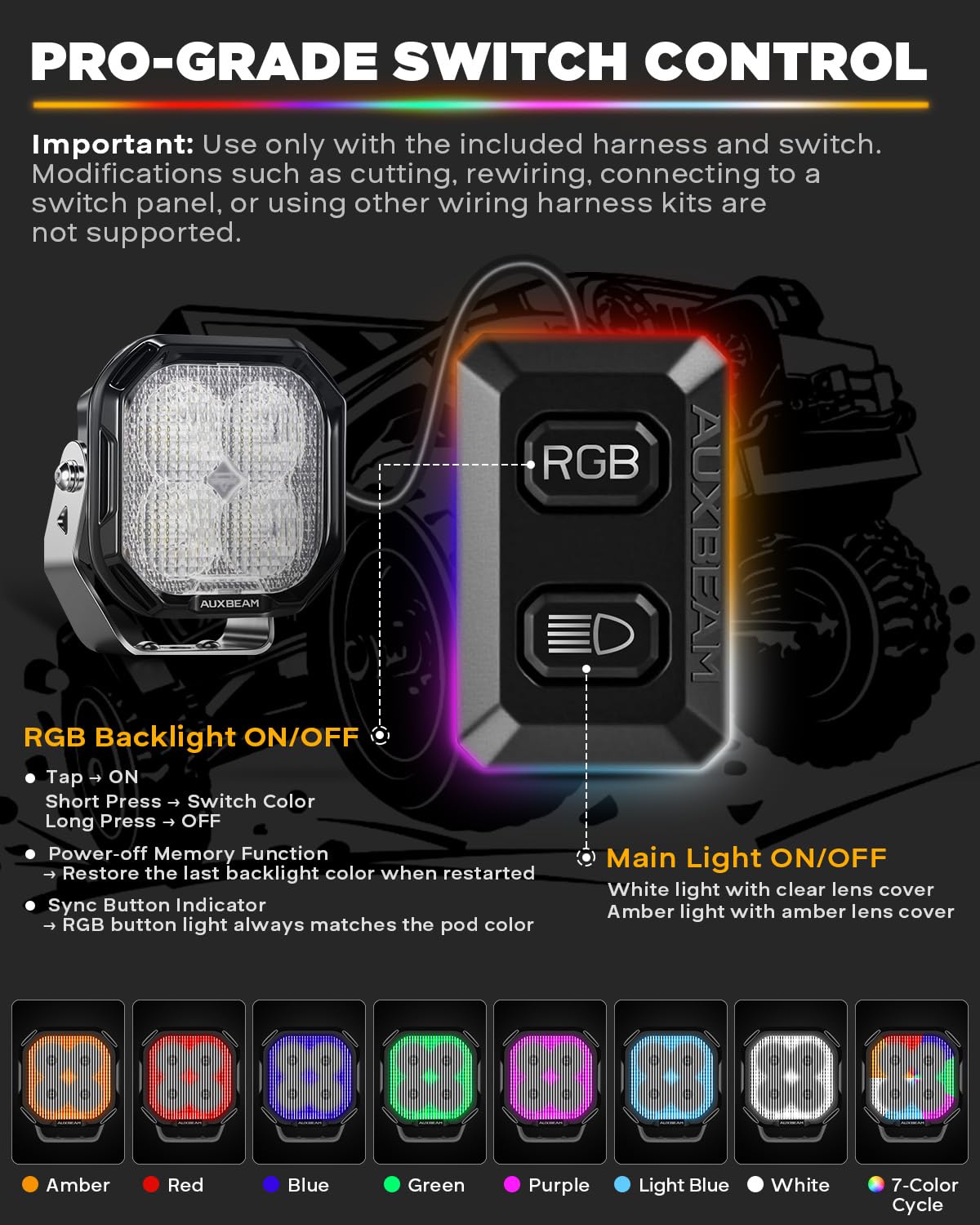 Auxbeam RGB Offroad LED Pod Lights 3 Inch 116W Flood Beam Ditch Lights 7 Colors Changing Gradient Backlights RGBW Multicolor Ambient Lighting with Covers, Color Play Series