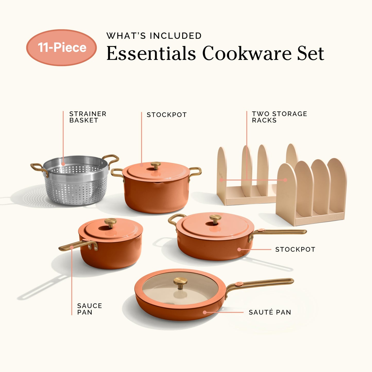 Our Place 11-Piece Essentials Complete Cookware Set - Ceramic Fry Pan, Saucepan, Sauté Pan, Stock Pot, Strainer Basket & Rack Storage | Thermakind™ Nonstick, Oven Safe up to 450°F | Terracotta