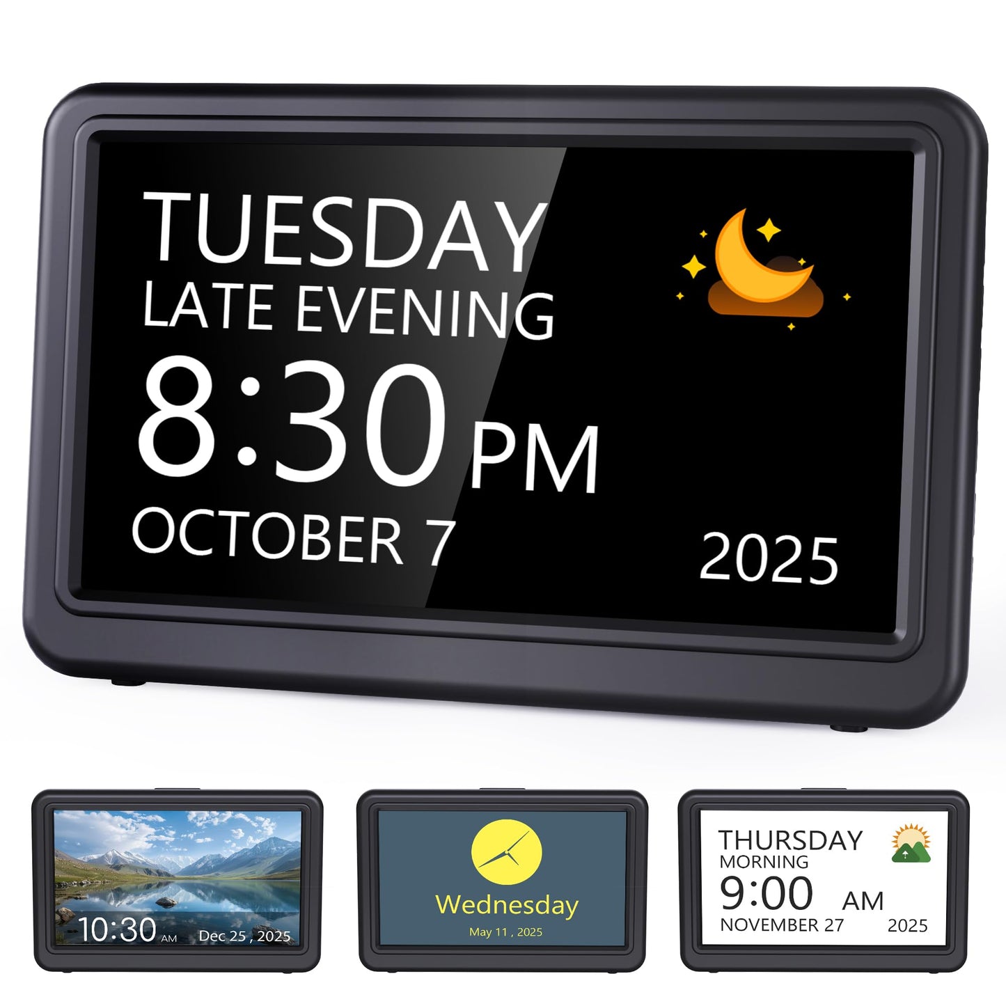 Raynic Date Clock, Digital Clock with 12 Themes, 20 Alarms, 20 Reminders, Semi-Automatic Dimming, 12/24 Hours, Auto DST Clock for Seniors Desktop, Office, Students (Black, 7 Inches)