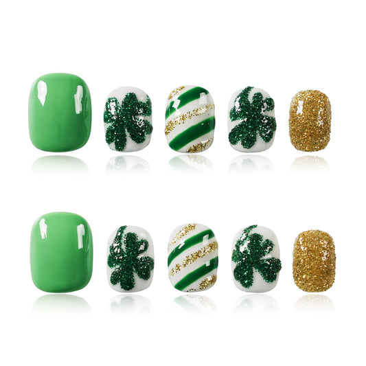 Tesytto Green & Gold Glitter Extra Short Squoval Press On Nails, Handmade Clover and Stripe Design, Reusable Full Cover Acrylic Nails (Size L)