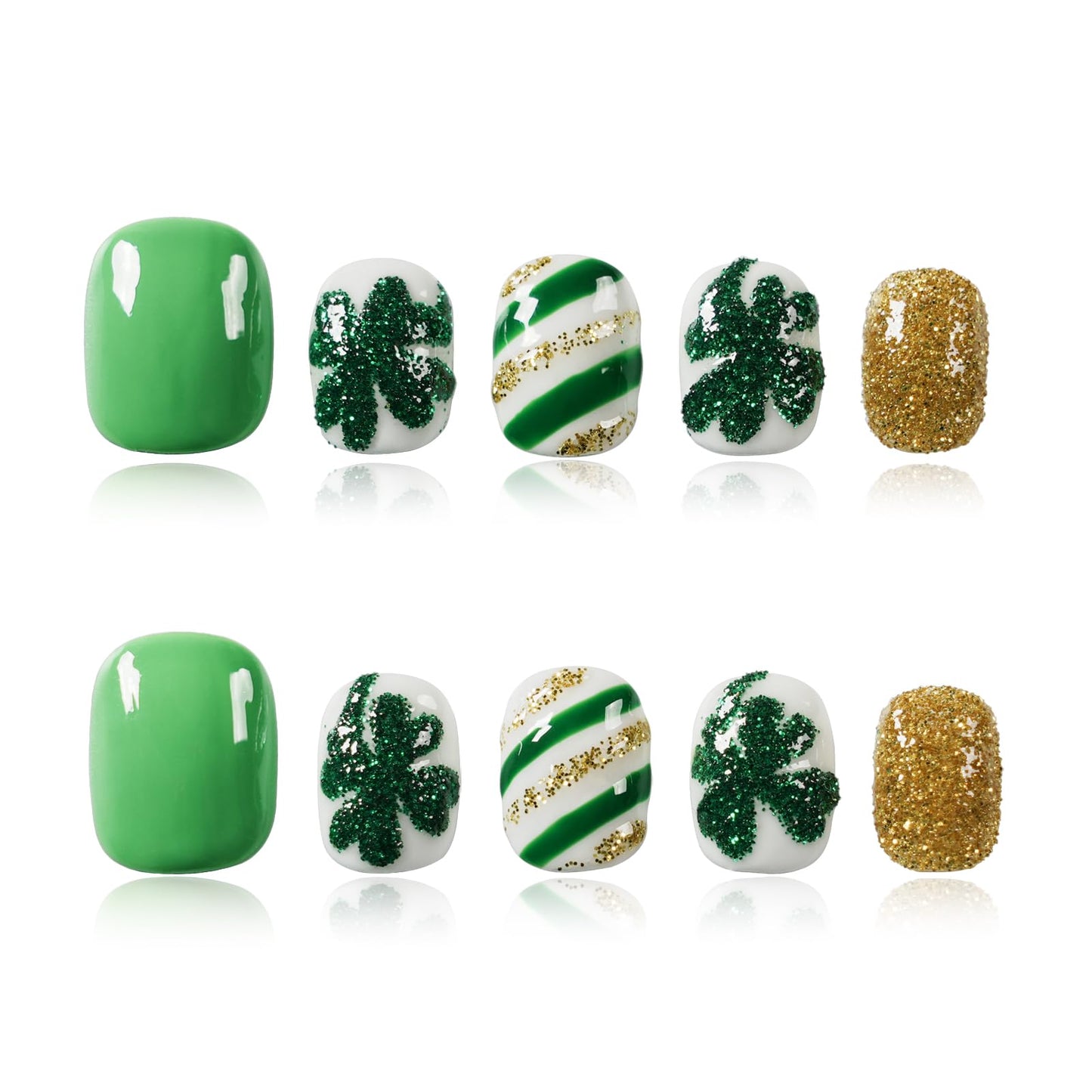 Tesytto Green & Gold Glitter Extra Short Squoval Press On Nails, Handmade Clover and Stripe Design, Reusable Full Cover Acrylic Nails (Size M)
