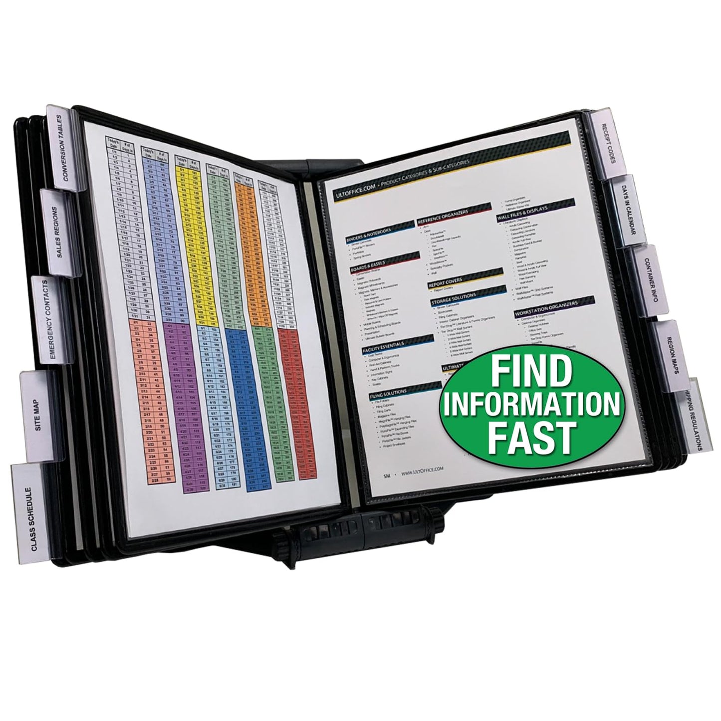Ultimate Office AdjustaView 10-Pocket Desk Reference Organizer with Easy-Load Pockets and Compact Weighted Base for Stability, Black Pockets
