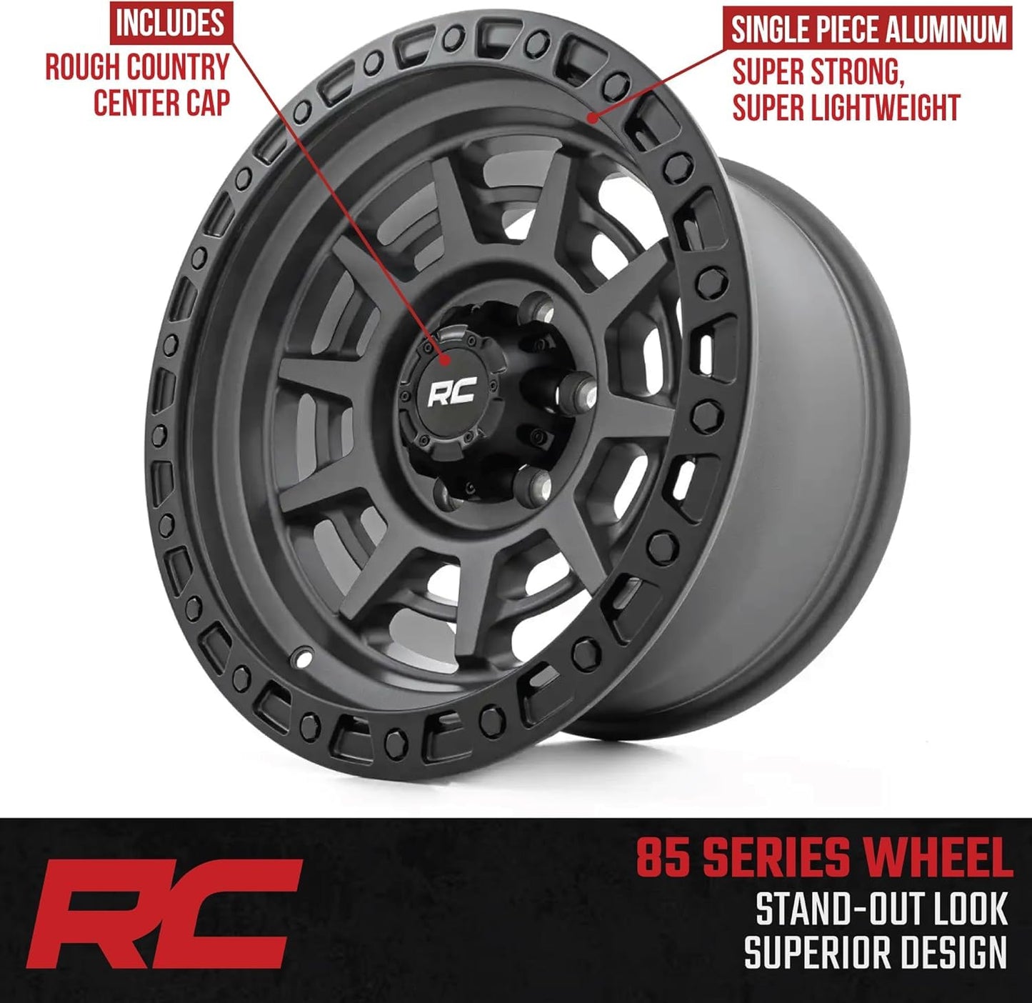 Rough Country 85 Series 17x9 Wheel - 8x170mm, 12mm Offset, Gunmetal Gray with Black Simulated Beadlock, One-Piece Aluminum Off-Road Wheel