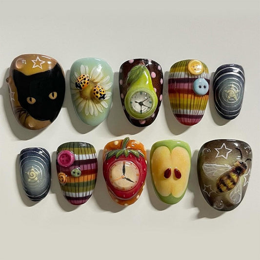 Medium Almond Press on Nails SWEKKE Floral Fake Nails Cute False Nails with Cat Strawberry Bee Designs Funny Glossy Glue on Nails Stick on Nails for Women Girls 30Pcs