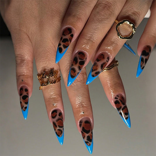 IMRAIN Press on Nails Long Stiletto Fake Nails Brown Leopard Print Acrylic False Nails with Blue French Nail Tips Designs Full Cover Glossy Acrylic Glue on Nails 24Pcs