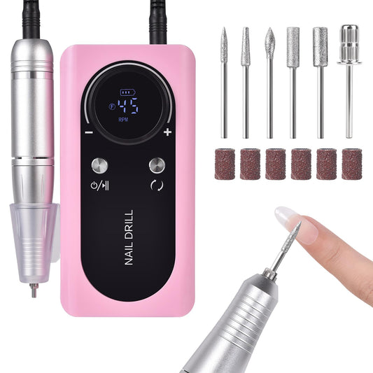 siyuwuro Portable Nail Drill 45000 RPM Professional Cordless Rechargeable Electric Nail File for Removing Polishing Acrylic Gel Nails with 6 Drill Bits & Sanding Bands, Nail Salon Home Use, Pink