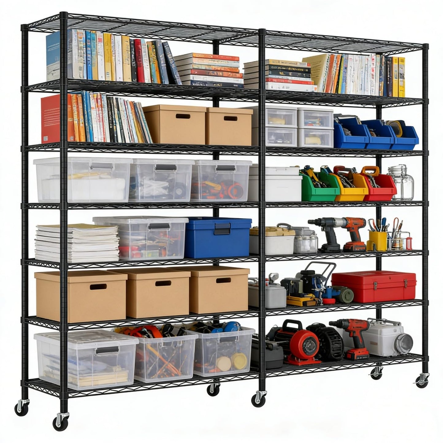 Flibaluly 150x45x213cm Industrial 6-Shelf Garage Storage Cabinet, Adjustable Utility Shelves with Casters, Powder-Coated Black Iron Heavy Duty Display Stand for Warehouse, Pantry, and Retail