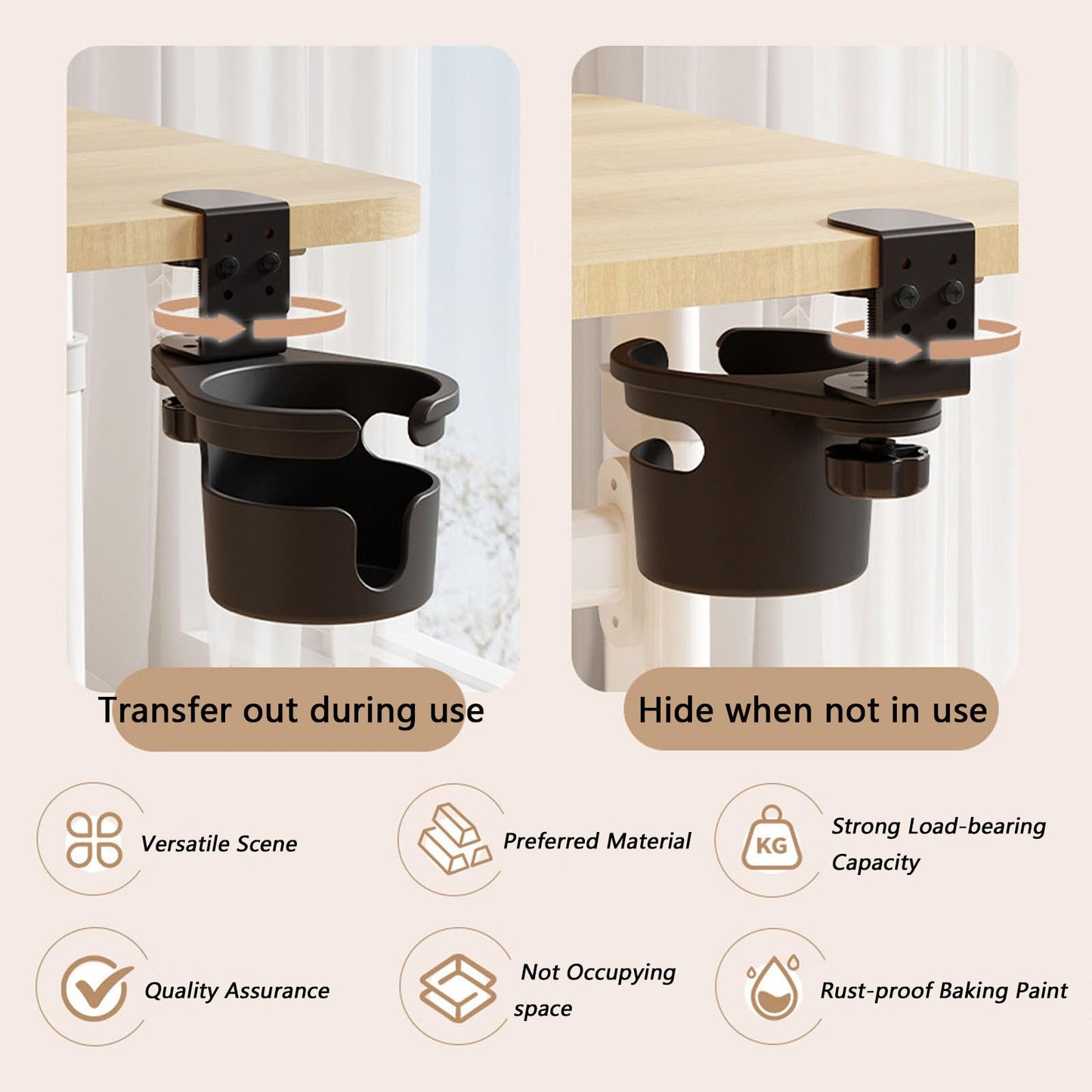 Spotact Adjustable Desk Cup Holder Clamp Table Cup Holder with Anti-Spill Design, 360° Rotation Universal Compatibility for Mugs Water Bottles Vacuum Cups