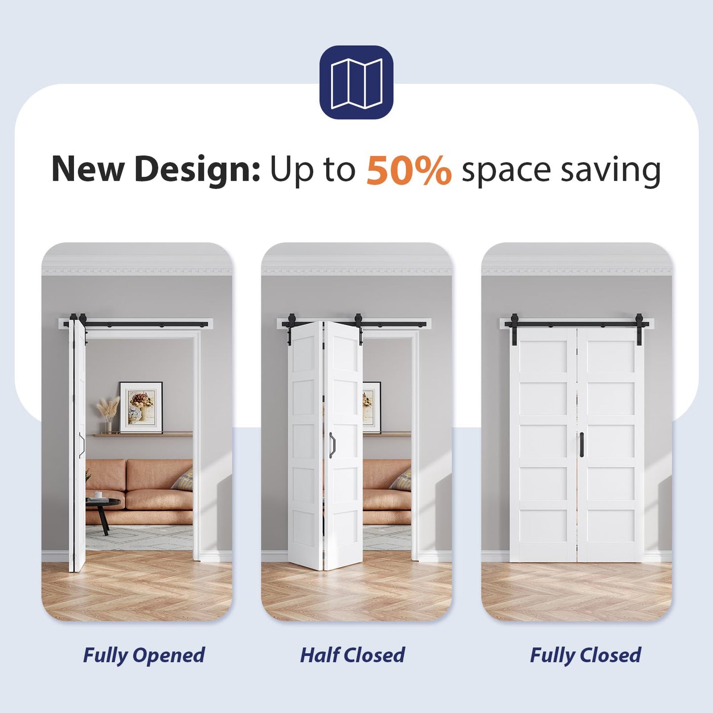FREDBECK Bifold Barn Door 48x96 (Double 24x96) Bi-fold Closet Doors Hardware Kit Included,with 52" Track White