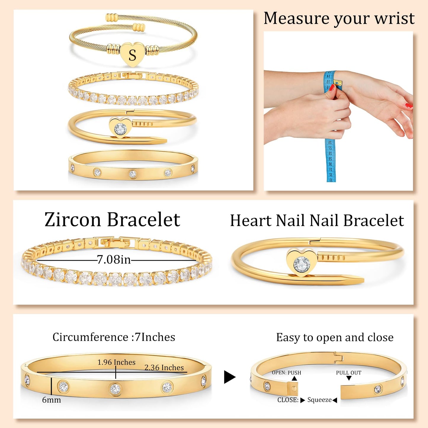 MEIERYA18K Gold Plated Nail love Bangle Bracelet Set for Women,Cubic Zirconia,Adjustable tennis bracelet Trendy Gift Jewelry for Mother's Day Anniversary (13-Style-S)