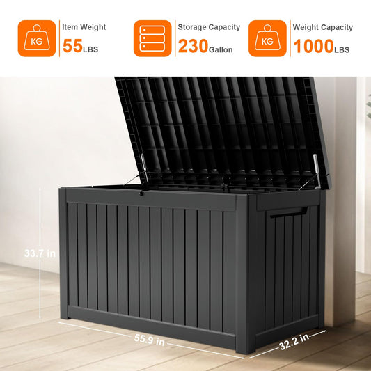 PatioZen 230 Gallon Resin Deck Box, Lockable Patio Outdoor Storage Box for Furniture, Garden Tools and Tools Storage, Waterproof Outside Storage Boxes - Black