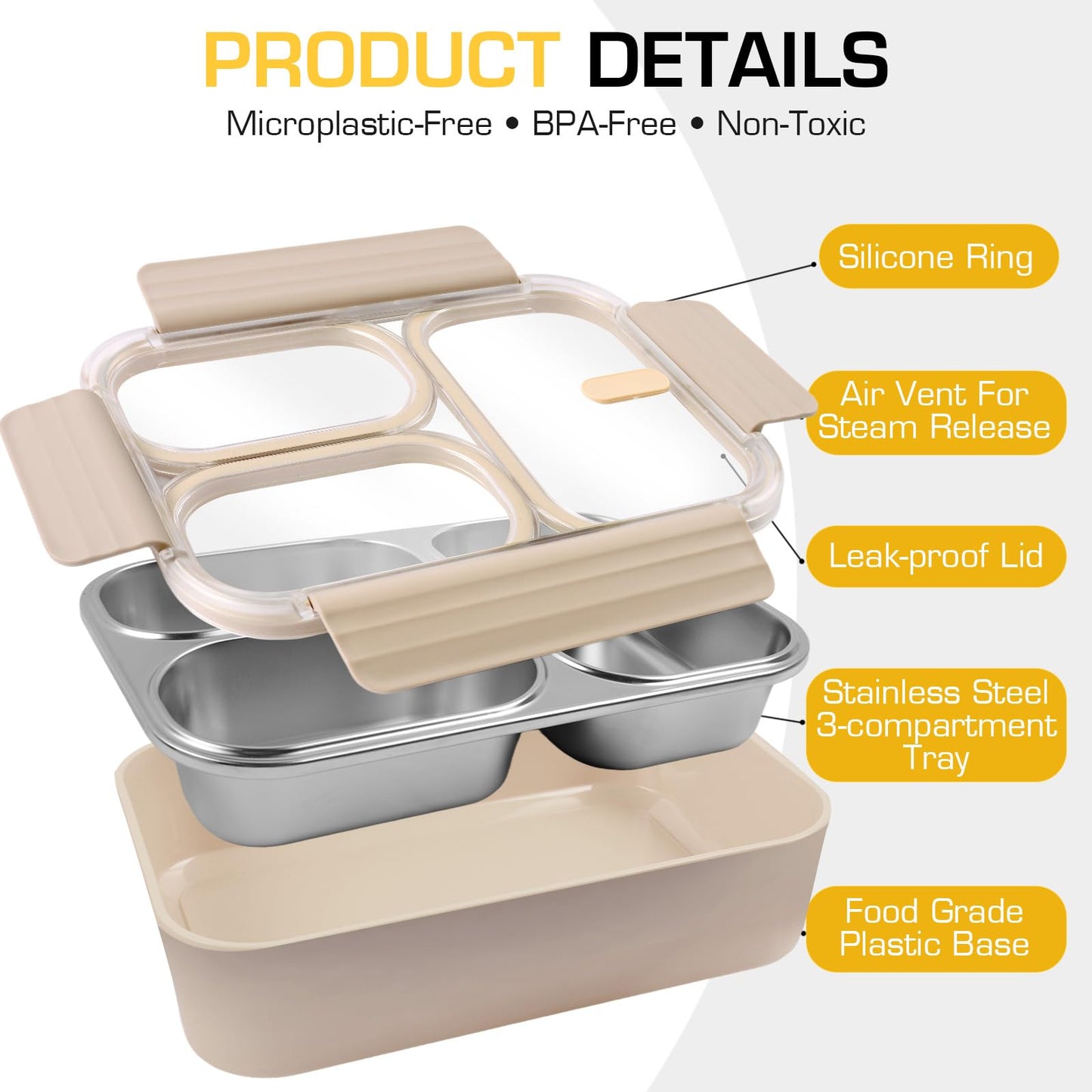 AOEDEO Stainless Steel Lunch Box, 3 Compartments Metal Bento Box for Kids, 25oz Lunch Container with Leakproof Lid, Divided Meal Prep Box for Adults, Kids - Ideal for Office, School, Healthy Eating