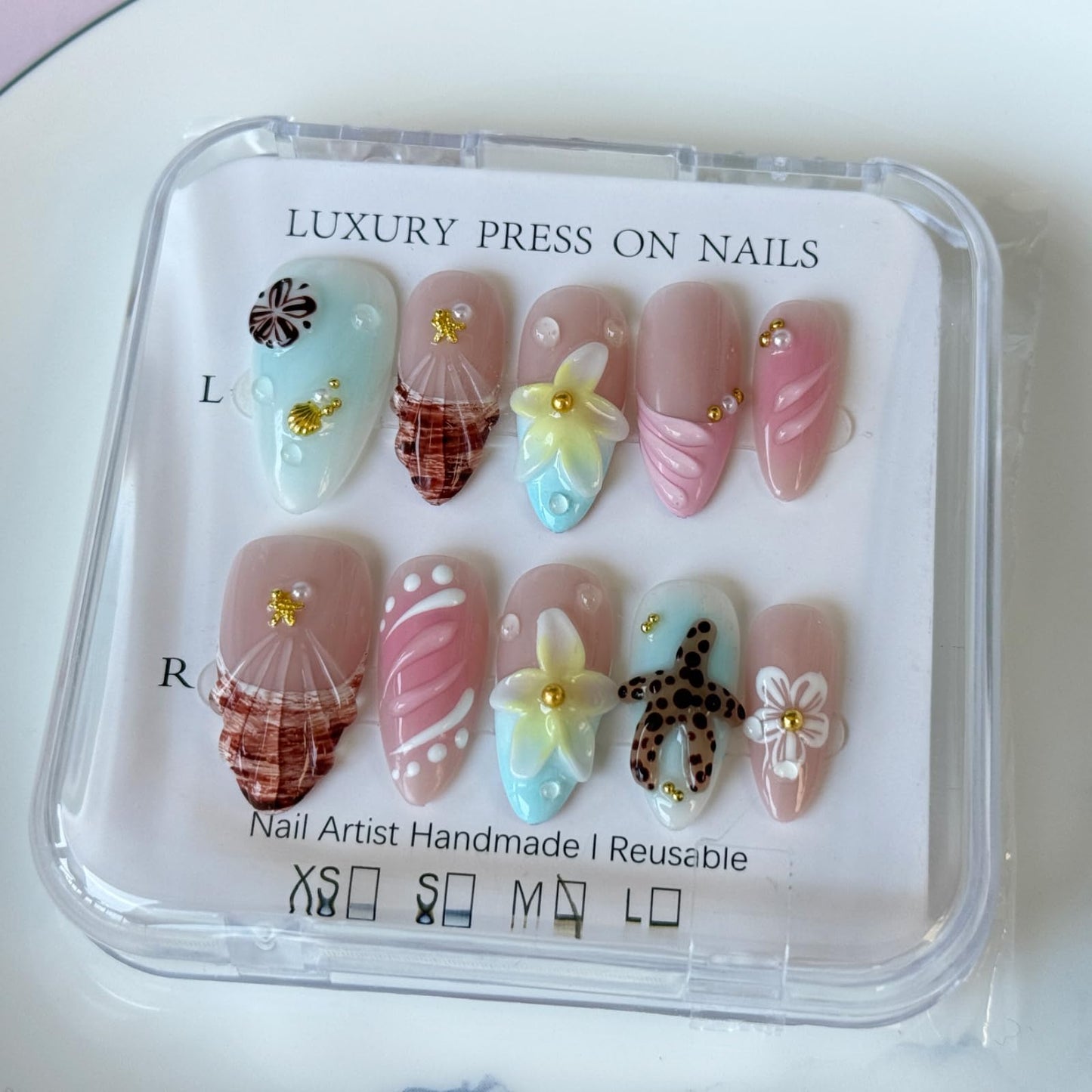 Haozerart Cute Beach Handmade Press On Nails Medium Almond French Fake Nails, with 3D Flower Raised Shell Accents, Reusable Acrylic Nails 10Pcs for Women (M Size)