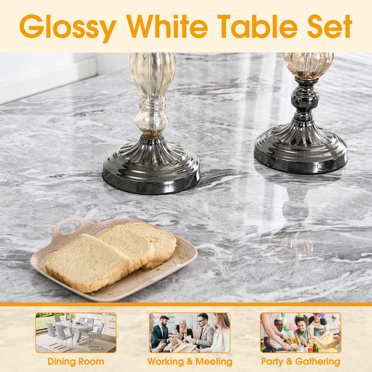 JUFU Modern Kitchen and Dining Table and Chairs Set - 63in Grey Rectangular Table with Faux Marble Top and 6 Faux Leather Chairs - Ideal for Dining Room