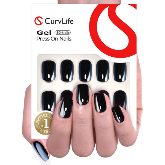 CurvLife Soft Gel Press On Nails Kit - 30pcs Full Cover False Medium Mirror Black High-Shine Chrome Nail Tips Designs, Fake Nail with Nail Glue - Easy Application Nail Accessories for Women