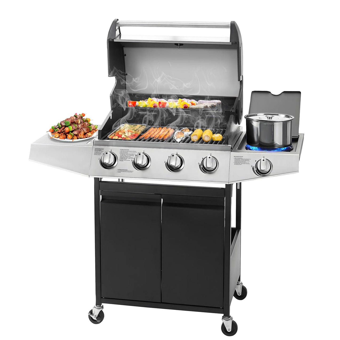 Unovivy 4-Burner Propane Gas BBQ Grill with Side Burner & Porcelain-Enameled Cast Iron Grates Built-in Thermometer, 49,000 BTU Outdoor Cooking, Patio, Garden Barbecue Grill, Black and Silver