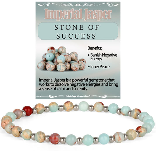 QOGIR Imperial Jasper - Stone of Success - Stainless Silver Beads Natural Gemstone Stretch Elastic Dainty Healing Beaded Bracelets Gifts 4mm