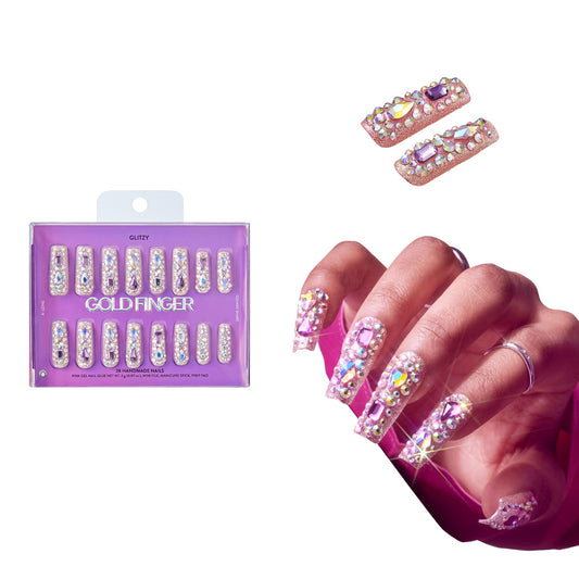 Glitzy 3D Handmade Press On Nail Kit, Multicolor Rhinestone Gem X-Long Square False Nail, Reusable & Lasts Up To 2 Weeks, Seamless Snug Fit Technology, Includes Glue, File & 28Pcs Manicure Set