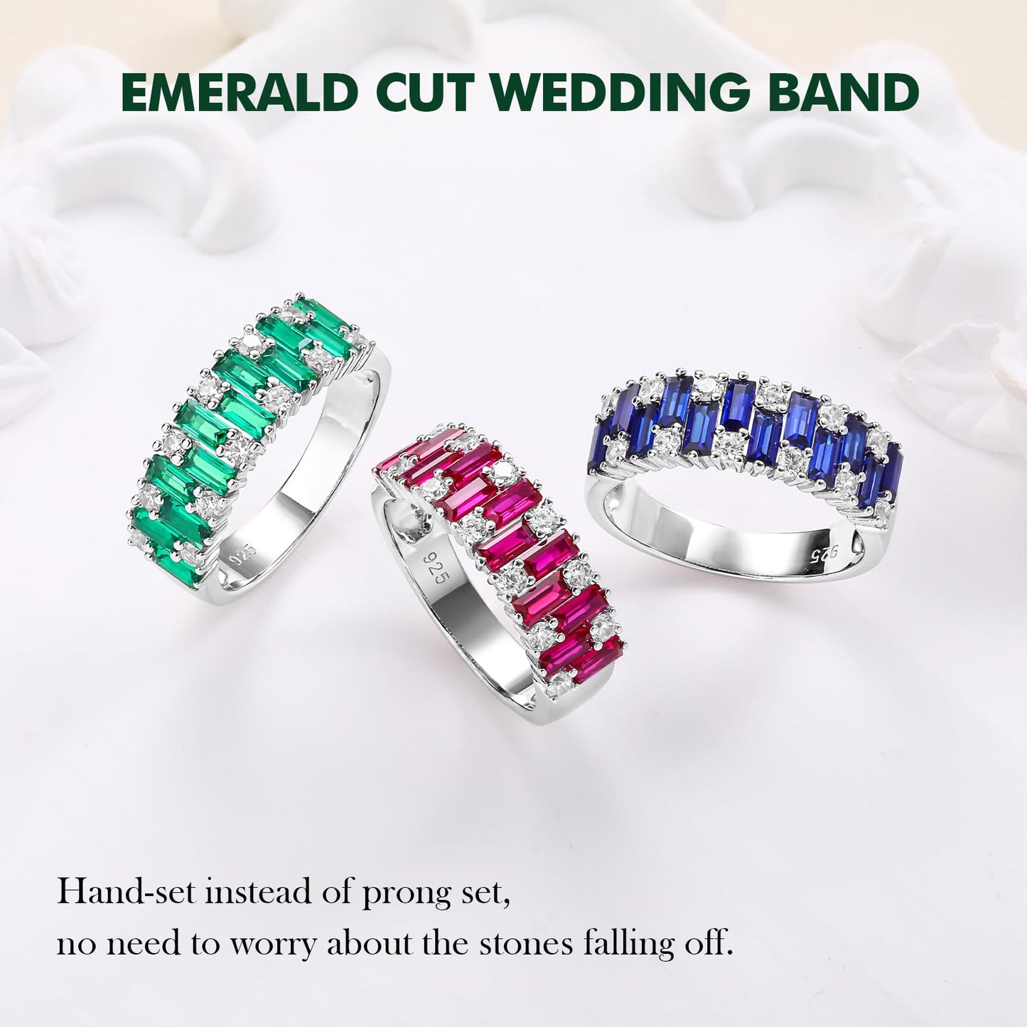 RANDES Blue Sapphire Ring Emerald Cut Eternity Band Sterling Silver Band Ring Cubic Zirconia Engagement Wedding Rings for Women Size 8