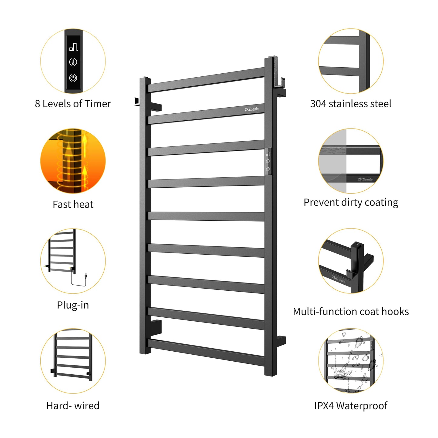 Z&Zhanle Heated Towel Racks for Bathroom, 9-Bar Towel Warmer Rack for Bathroom, Wall Mounted Towel Warmer, Electric Towel Drying Rack with Timer, Carbon Steel Matte Black, Plug-in/Hard-Wired