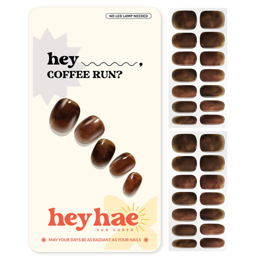 Heyhae Semi Cured Gel Nail Strips | No LED Lamp Needed | Marble, Brown | Easy Apply & Remove, Salon Quality | Includes 28 Strips, 1 Prep Pads, Nail File & Wooden stick - Hey, Coffee Run?