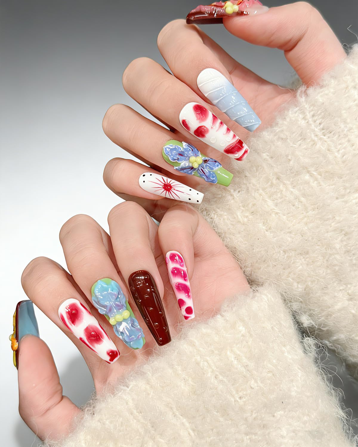 CAMILCY Handmade Press on Nails Long Coffin Glossy 3D Floral Luxury Fake Nails Red Brown Acrylic Nails Art for Women Daily Party Handcrafted Artisan10pcs Nails (B21, S)