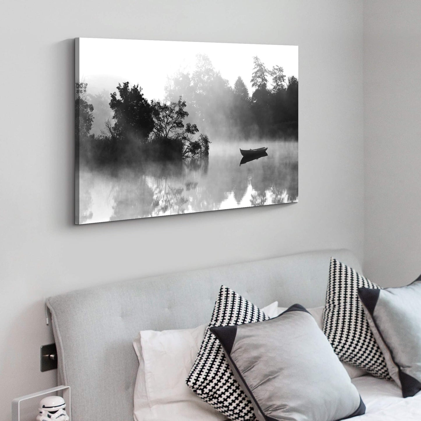Nature Lake Wall Art Canvas: Foggy Forest Landscape Picture Water Scenery Print Black Boat Artwork Decor Calming Painting for Living Room Bedroom Home Office