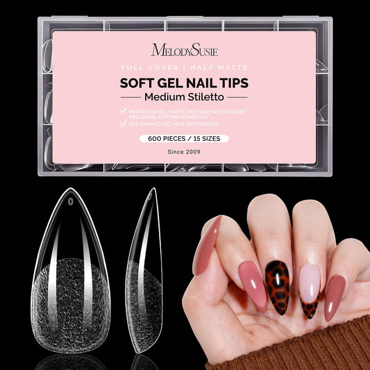 MelodySusie Medium Almond Stiletto X Nail Tips - 600Pcs 15 Sizes Clear Acrylic, Half Matte Full Cover Press on Nails for DIY Extension & Salon Use, Pre-Shaped for Long-Lasting Manicure