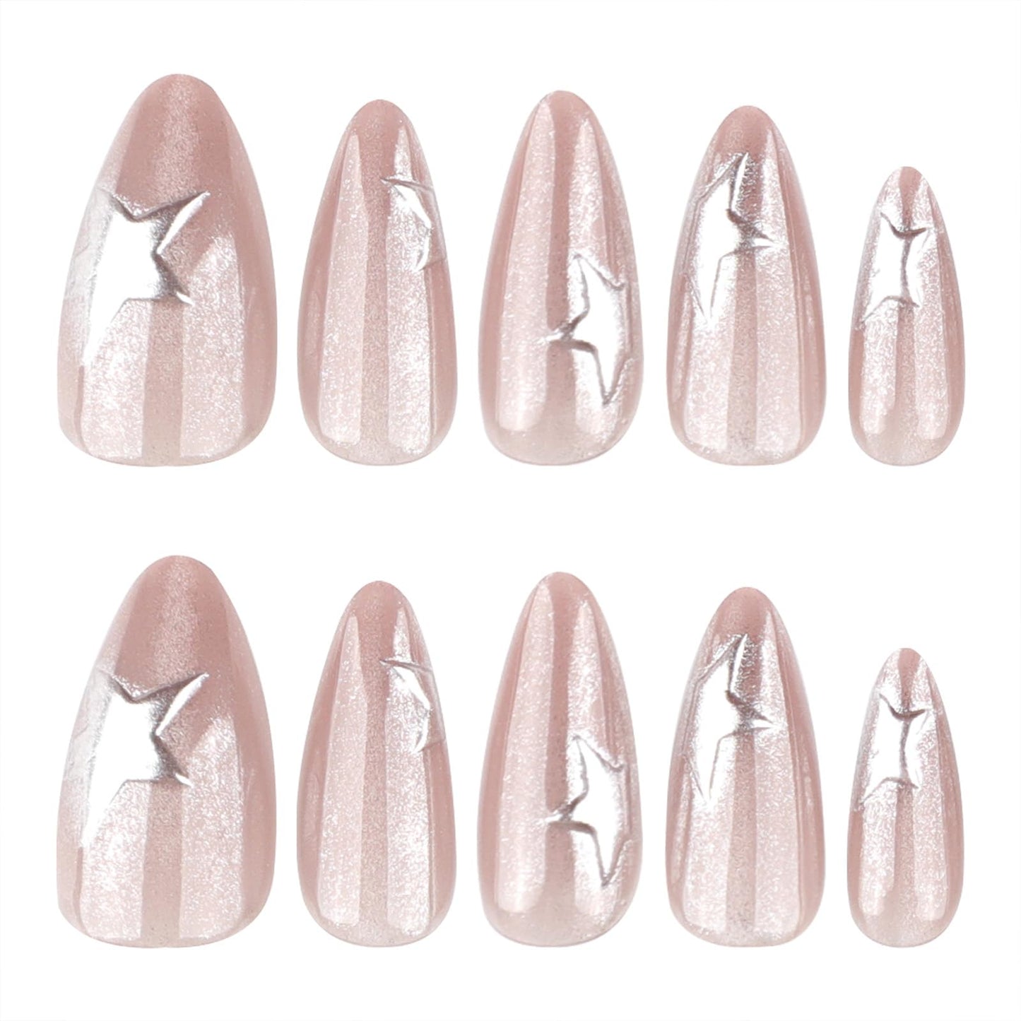 Mivota Medium Press on Nails Almond Cat Eye Nude Fake Nails Glossy Glue On Nails with 3D Silver Star Nail Art Designs, Decorative Thick Reusable Glossy Full Cover Stick on Nails for Women 24Pcs