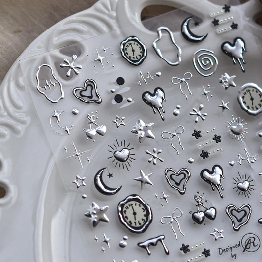Silver Bow Heart Nail Art Stickers 5D Embossed Valentine's Day Nail Stickers Moon Star Nail Decals with Metal Design Clock Nails Supplies for Women Girls DIY Manicure