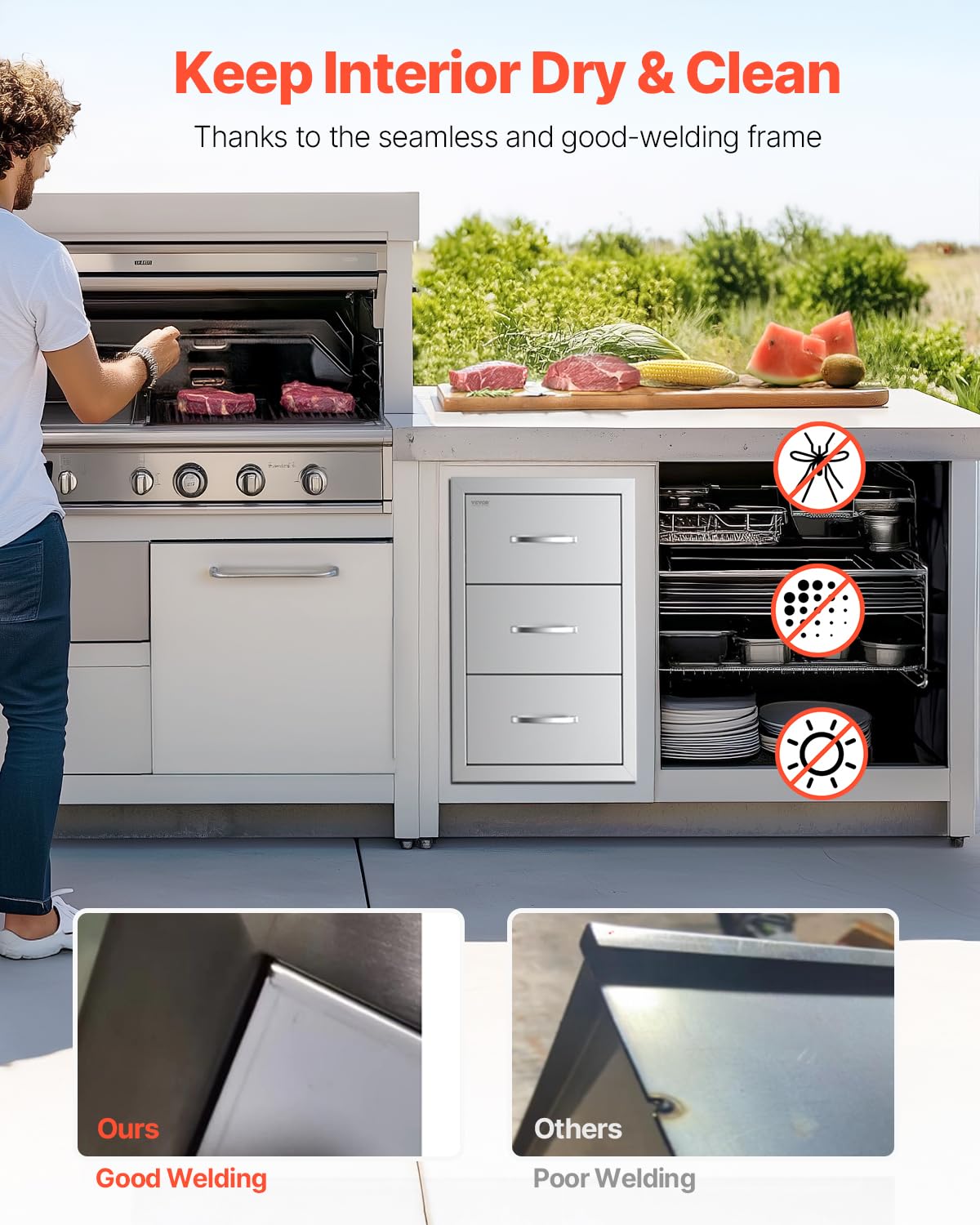 VEVOR Outdoor Kitchen Drawers, 16.5" W x 29" H x 20.5" D Triple Access Drawers, Stainless Steel Flush Mount Cabinets, BBQ Island Storage with Paper Towel Holder & Handle, for Patio Grill Station