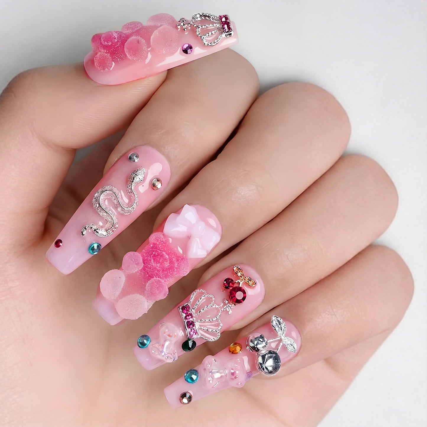 24Pcs Handmade Press on Nails, 3D Pink Long Length Square Fake Nails, Cute Manicure Kit with Full Covered Crystals for Women and Girls to Wear Daily