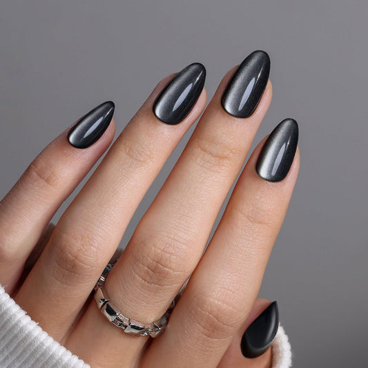 Black Cat Eye Press On Nails Short - GJZEZ Soft Gel Almond Galaxy-Like Shimmer Cool Goth Press On Nails for Women, Winter Halloween Stick On Nails in 16 Sizes - 32PCS Reusable Glue On Nails, Ink Noir