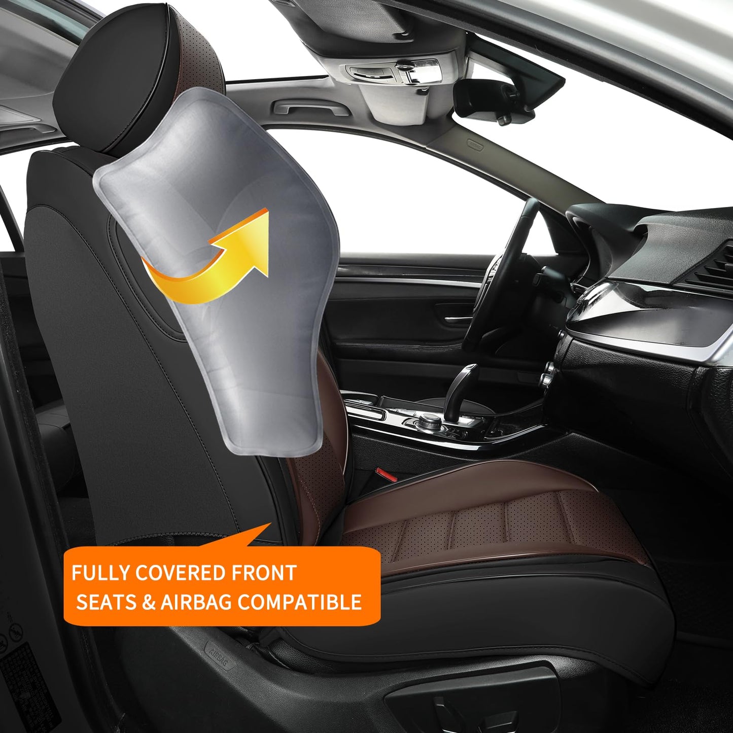 COVER EMPIRE Car Seat Covers Full Set, 5 Seats Universal Leather Seat Covers for Cars, Waterproof Front and Rear Seat Cover, Breathable Automotive Seat Cover for Most Sedans, Trucks, SUVs, Black&Brown