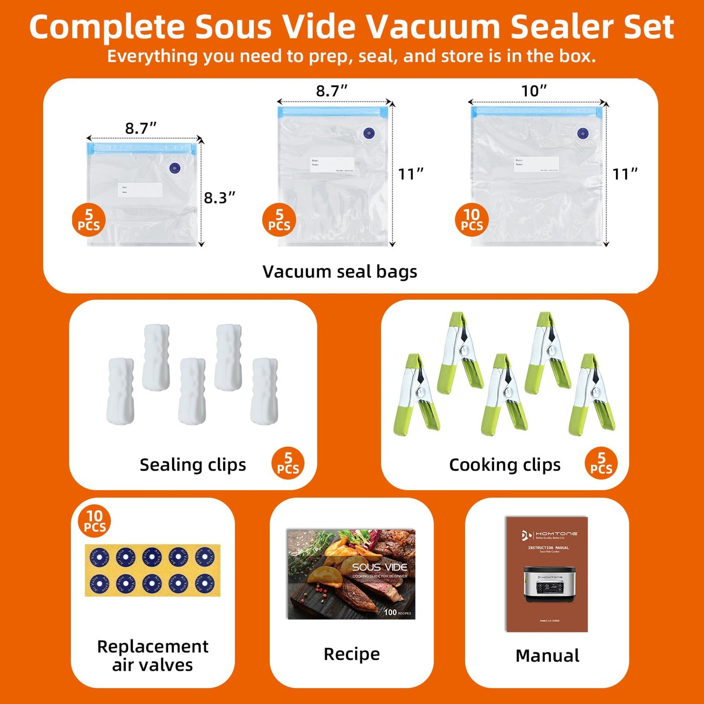 Homtone 8 Quart Sous Vide, Temperature Control Sous Vide Cooker with Timer, Stainless Steel Sousvide for Steak/Seafood/Vegetables, Suveed Cooking Machine Precision Steak Cooker with Vacuum Bags
