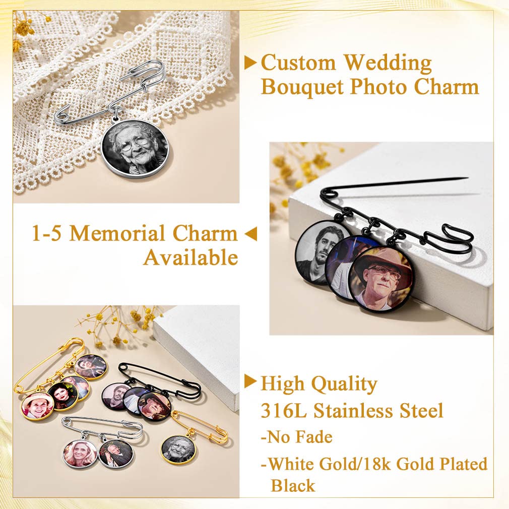Custom4U Photo Charm for Bouquet Round Shaped Brooch Pins with 3 Pictures Customized Memorial Wedding Jewelry