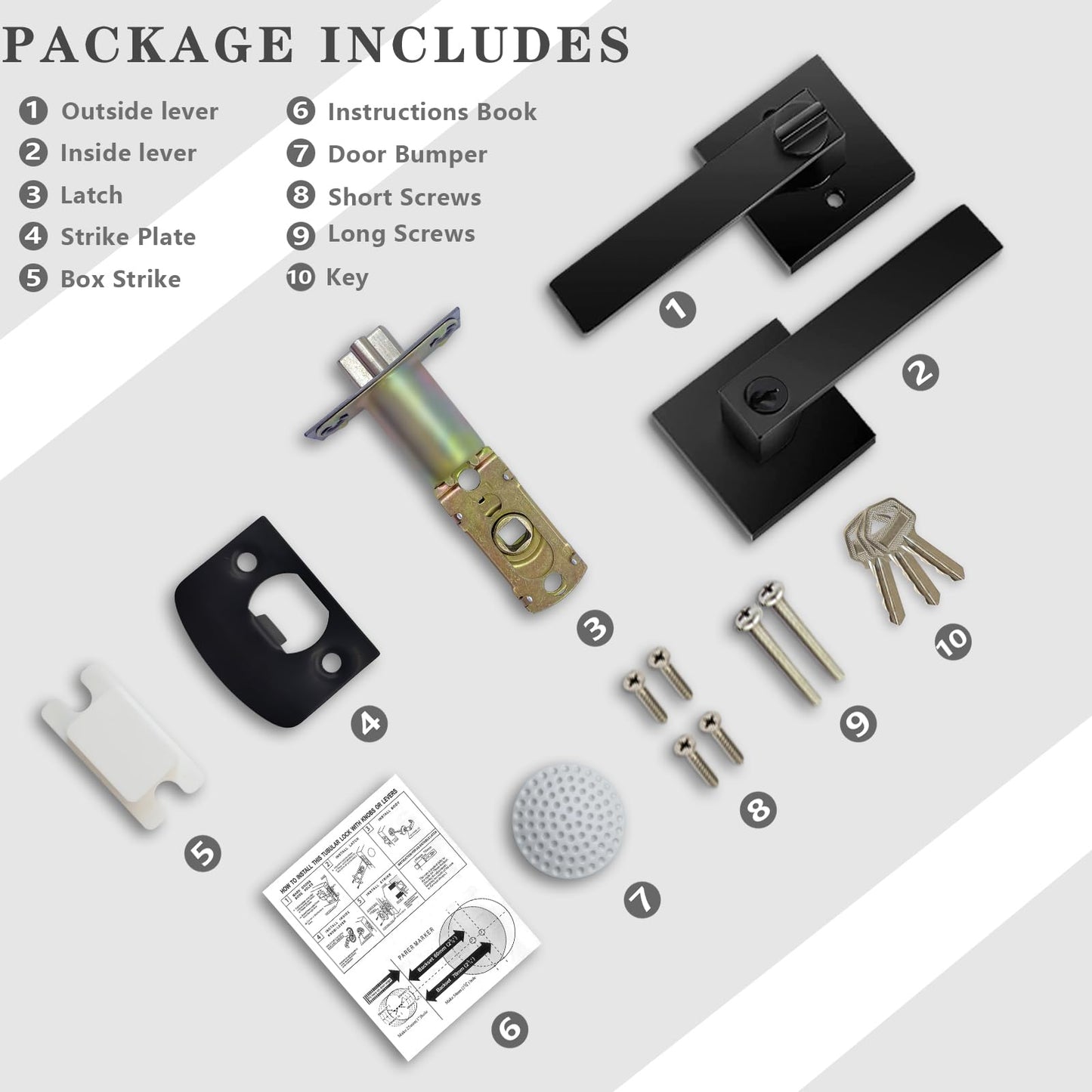 DSJJBLL 5 Pack Matte Black Door Handle Heavy Duty, Different Keys Entry Door Lever, Door Knobs with Lock and Key, Square Door Lever for Bedroom, Bathroom and Front Door