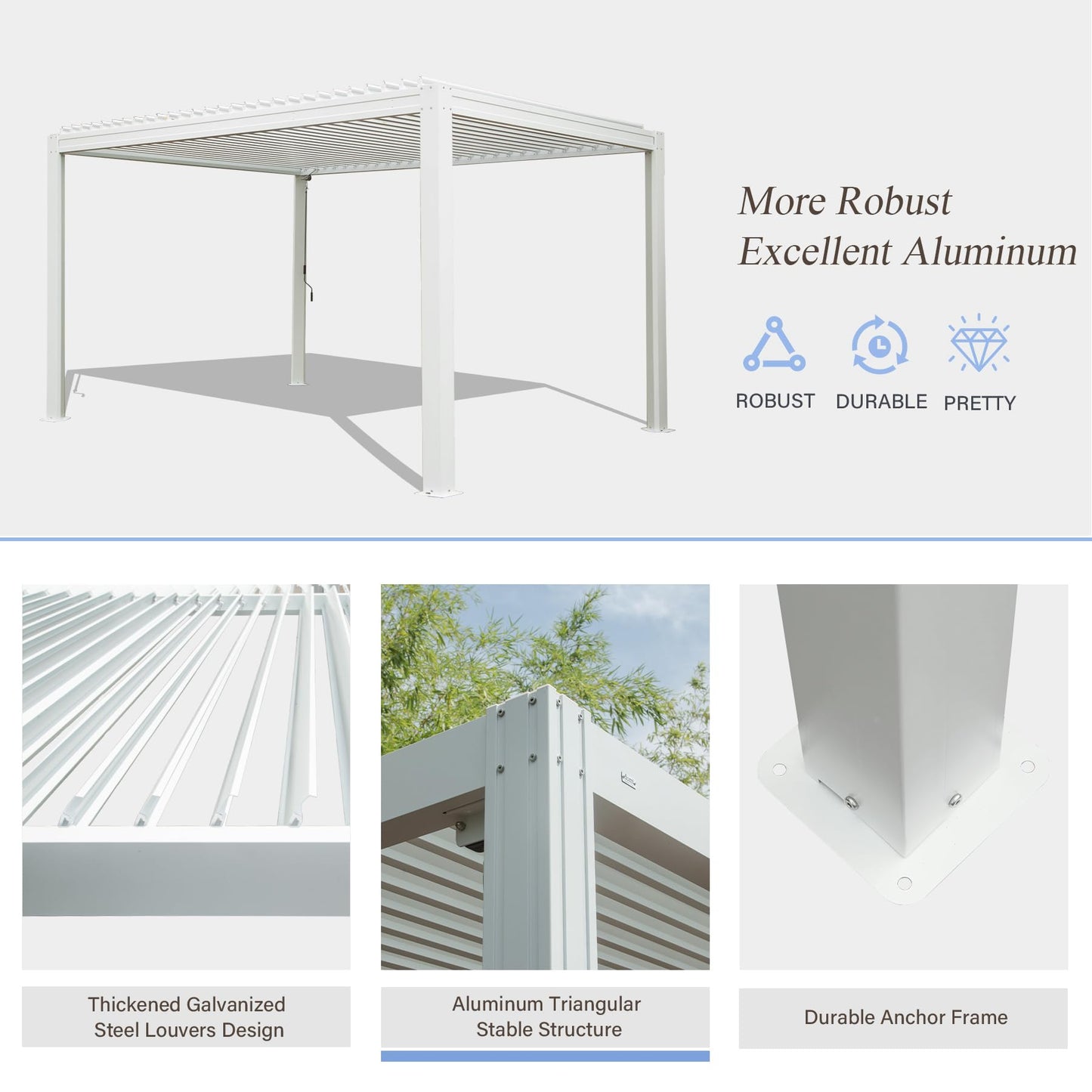 Domi Outdoor Louvered Pergola 10x10FT with Adjustable Steel Roof, Outdoor Aluminum Frame Rainproof Pergola for Backyard, Garden and Lawn,White