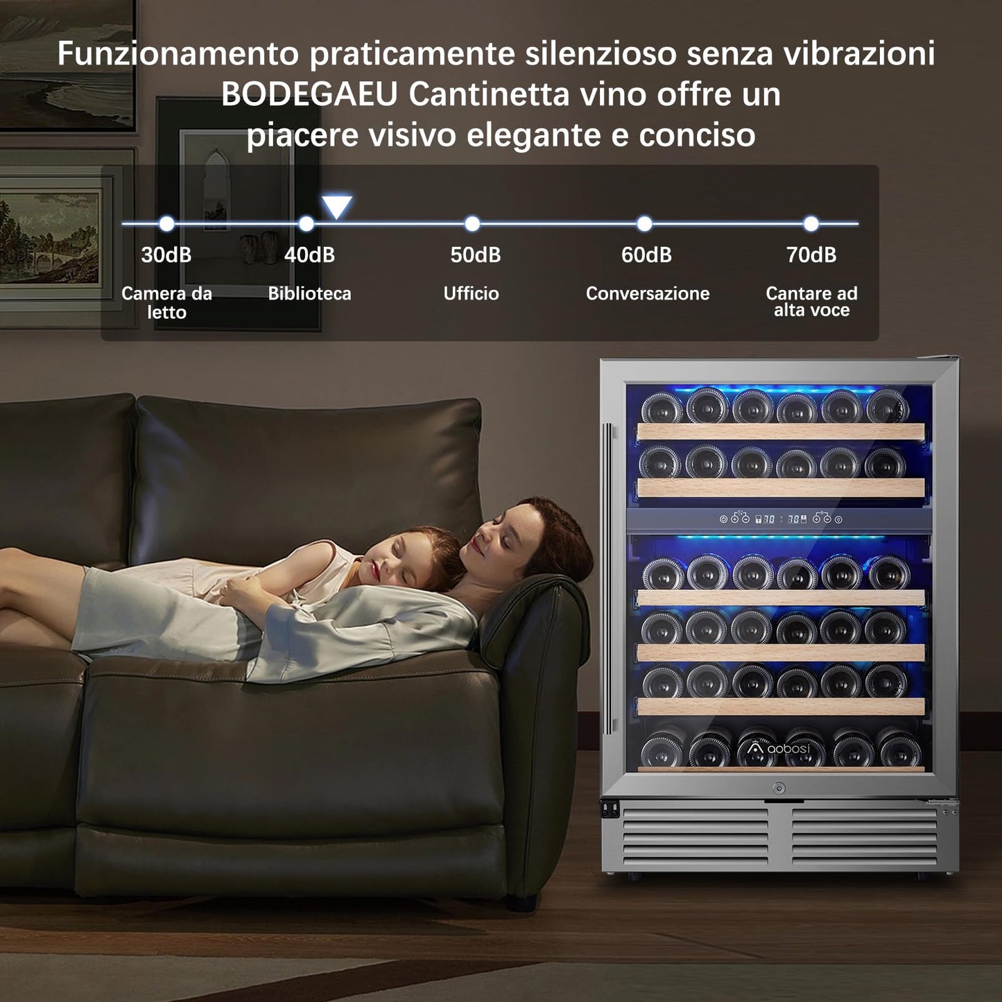 AAOBOSI 46 Bottles Wine Fridge, 24 Inch Wine Cooler with Dual Zone, Freestanding and Built-in Wine Refrigerator with Blue LED Light and Adjustable Shelves