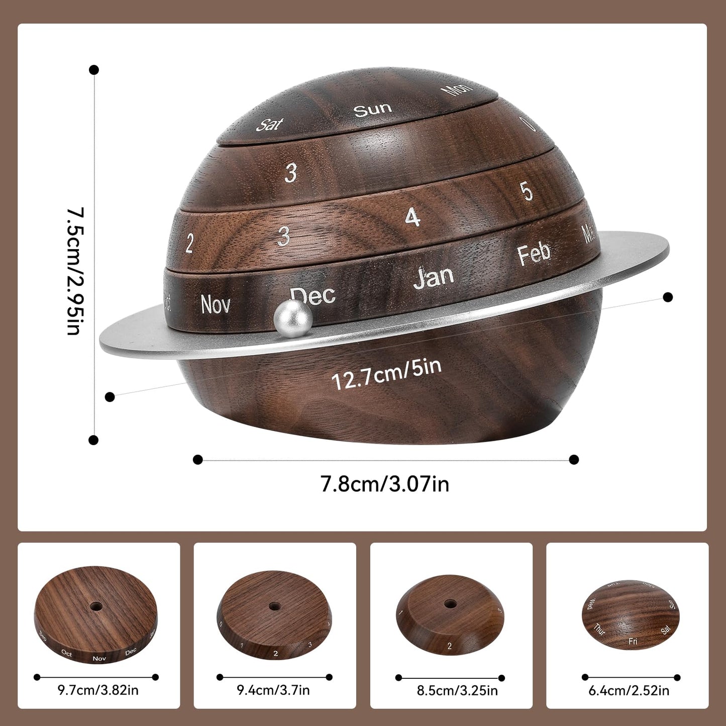 Mayhas Rotating Wooden Calendar - Walnut Wood Detachable Planetary Desk Calendar, Spherical Perpetual Calendar for Home & Office Decor, Unique Gift Idea(02 Walnut).