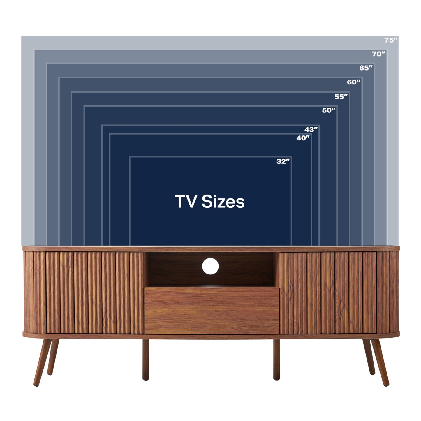 JONATHAN Y TVS1001B Damien 70 in. Farmhouse Curved TV Stand with Drawer and Storage Doors Fits TVs up to 75 in. with Cable Management, Walnut for Living Room, Bedroom, Dining Room