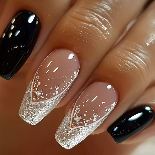 BABALAL Press on Nails Long Coffin Fake Nails Black Glue on Nails Glitter Bling Shine Acrylic Nails 24Pcs Ballerina Stick on Nail Supplies DIY Manicure Thick French Tip False Nail Art