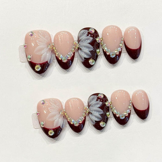 10 Pcs Short Almond Handmade Press On Nails | 3D Floral & Rhinestone French Tip False Nails | Reusable Easy Apply Salon-Quality Manicure for Women & Girls Daily & Party Wear (RR04, M)