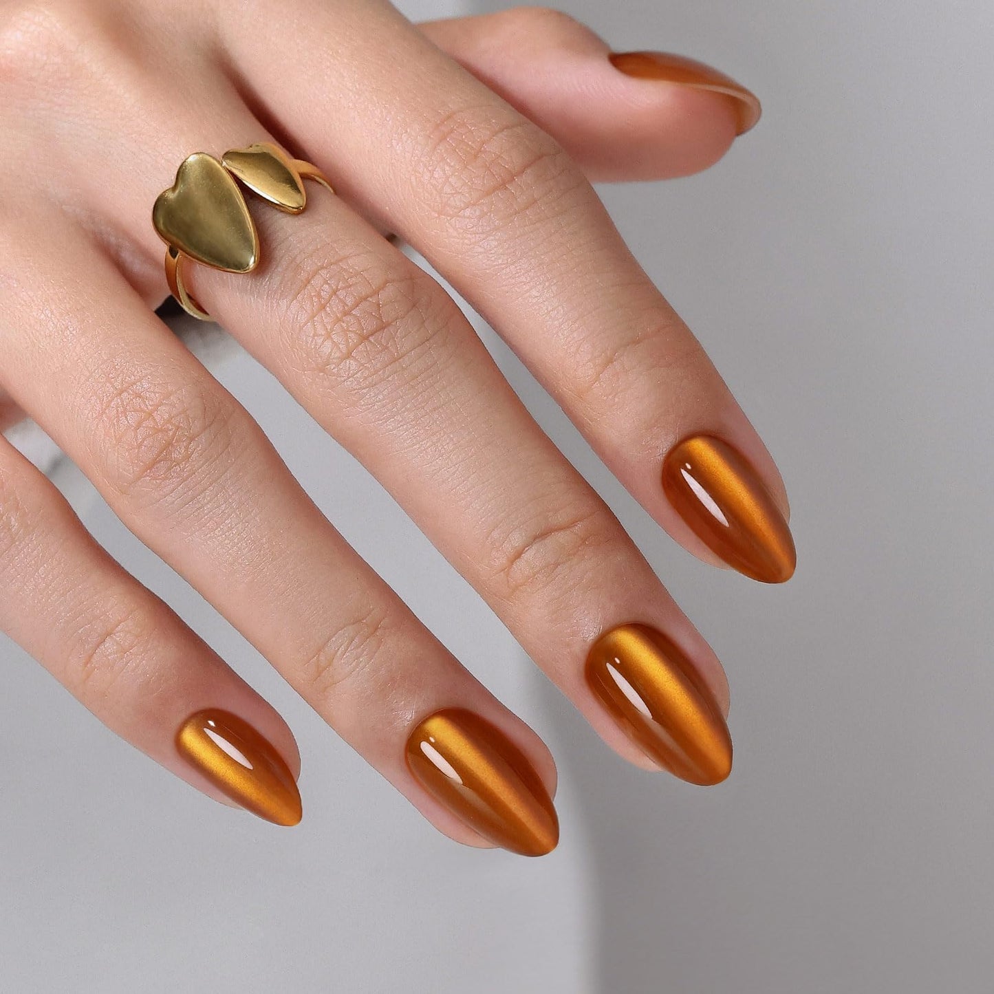 Orange Press On Nails Short Almond - GJZEZ Soft Gel Amber Cat Eye Nails Press Ons Fall Thanksgiving, Salon Quality Magnetic Cateye Glass Glue On Nails | 16 Sizes - 32 pcs Reusable Nail, Maple Syrup