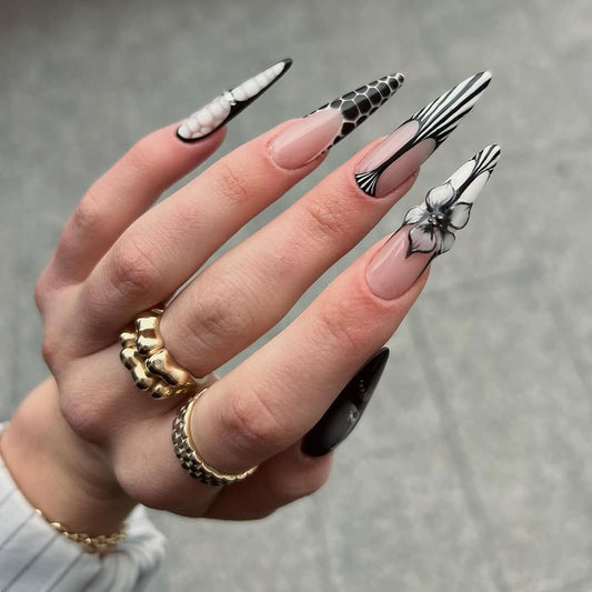 IMRAIN Press on Nails - Long Stiletto Fake Nails, Black French Tips False Nails with Flower Designs, Full Cover Acrylic Gel Glue on Nails