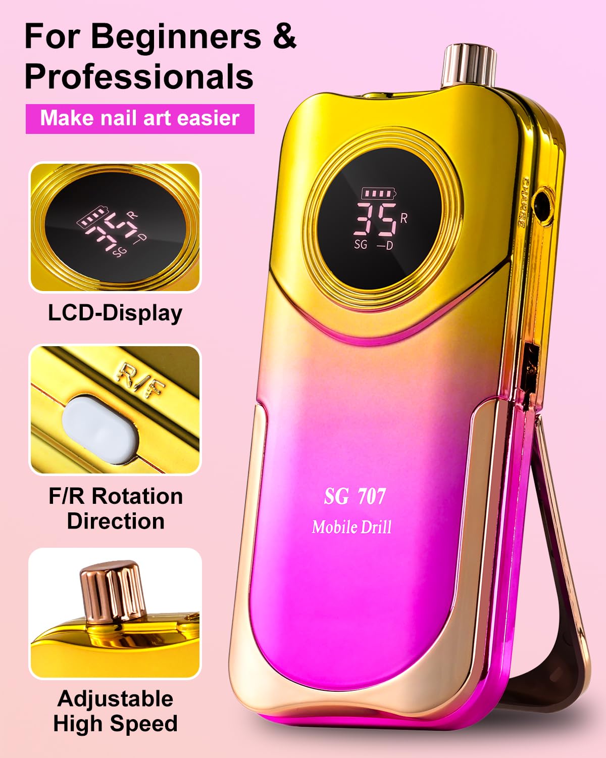 Moskany Professional Electric Nail Drill Kit 35000RPM with 14PCS Bits Purple Gold Portable Rechargeable Cordless File Machine for Acrylic Gel Powder Nails and Manicure Pedicure Toenail Tool Salon Set