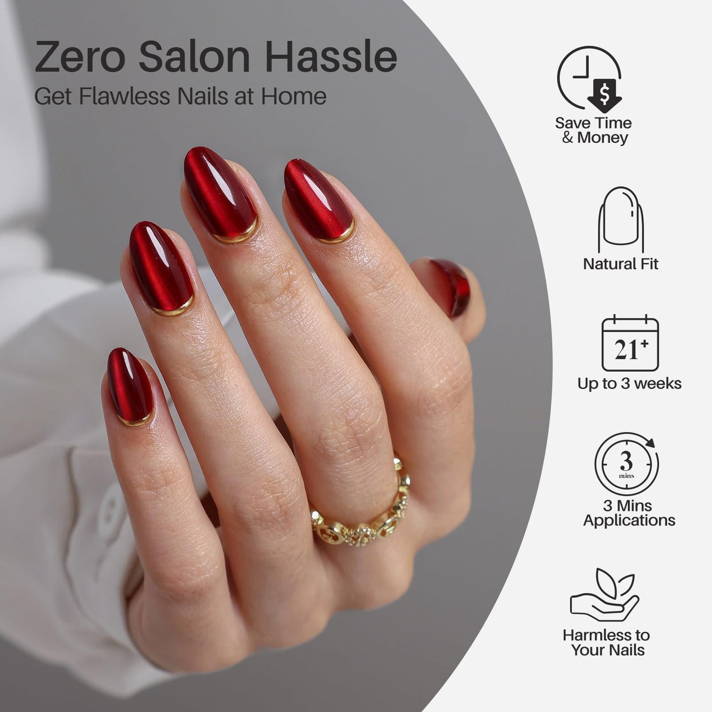 Dark Red Cat Eye Press on Nails Almond - SHANGMENG Soft Gel 3D Gold Foil Short Nails for Women Gift, Glossy Glue on Nails with Glue in 16 Sizes - 32 Reusable Fake Nails, Champagne & Cherries