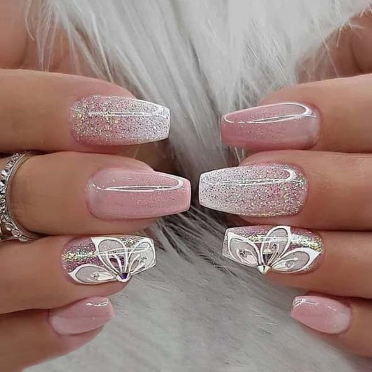 MISUD Press on Nails - Medium Coffin Glue on Nails with Pink Ombre, Acrylic Bling Glitter Design 24 pcs