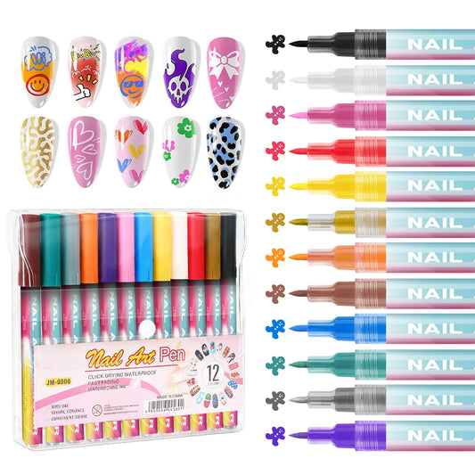 12 Colors Nail Art Pen Set –0.7mm Quick-Dry 3D Acrylic Nail Polish Pens with Fine Tip for Drawing & Dotting, DIY Manicure Design Tools for Professional Salon & Home Use